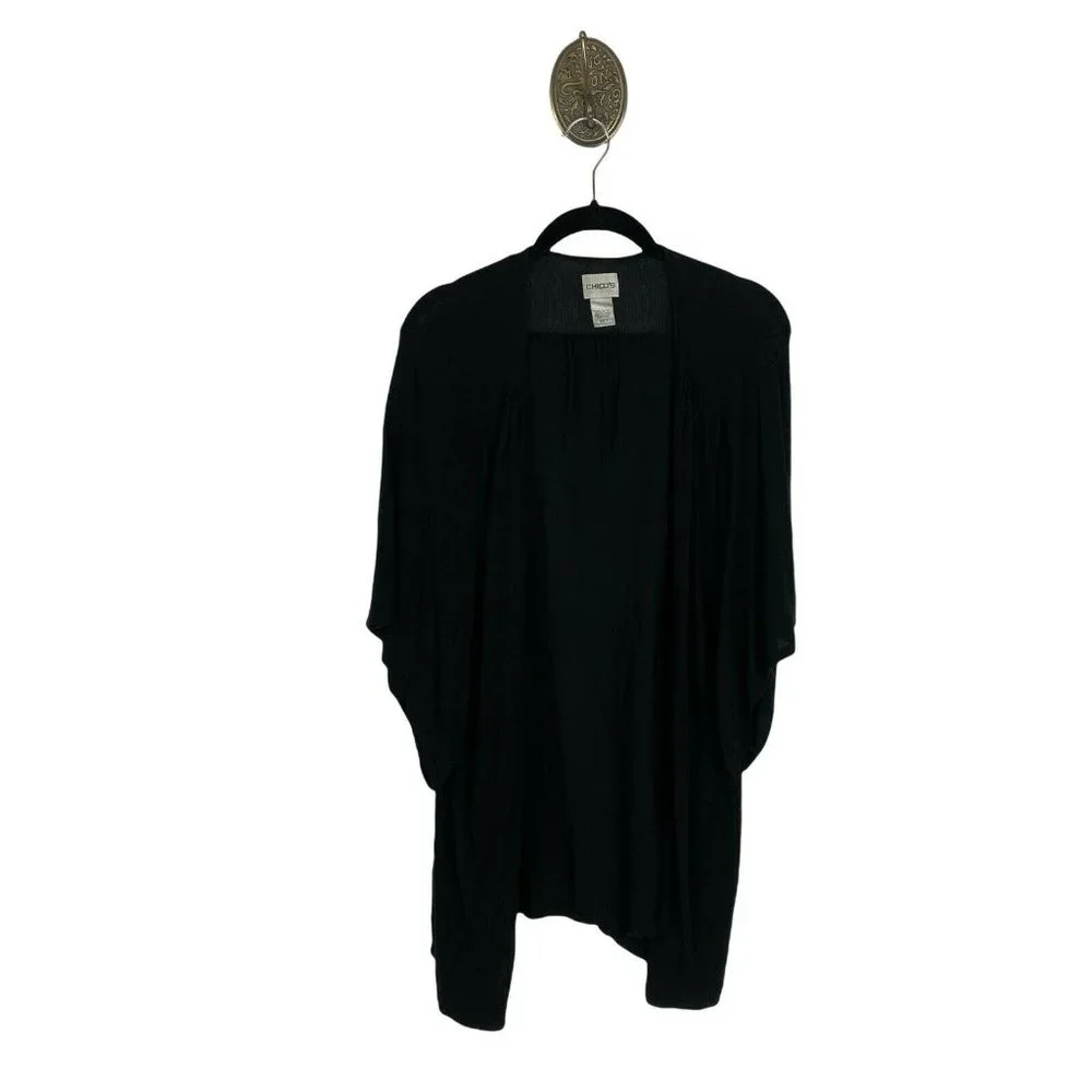Chicos Womens Black Kimono Sleeve Open Front Knitted Cardigan Sweater Size 3